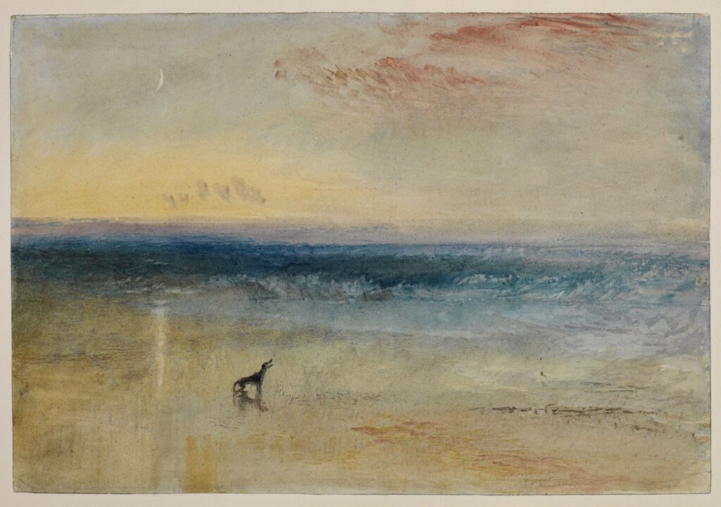Turner's watercolour Dawn after the Wreck, a pale yellow beach under a thin crescent moon with a single dog howling at the water's edge