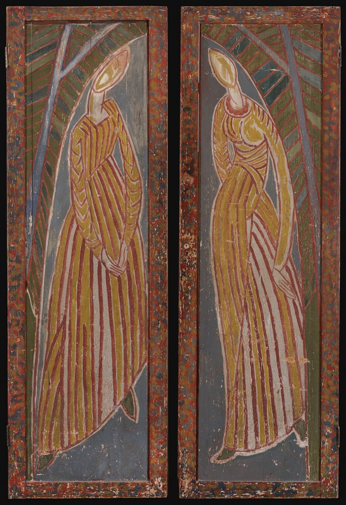 A pair of painted wooden wardrobe doors from the Omega Workshops, each showing a stylised female figure in a red and yellow striped dress against a grey ground